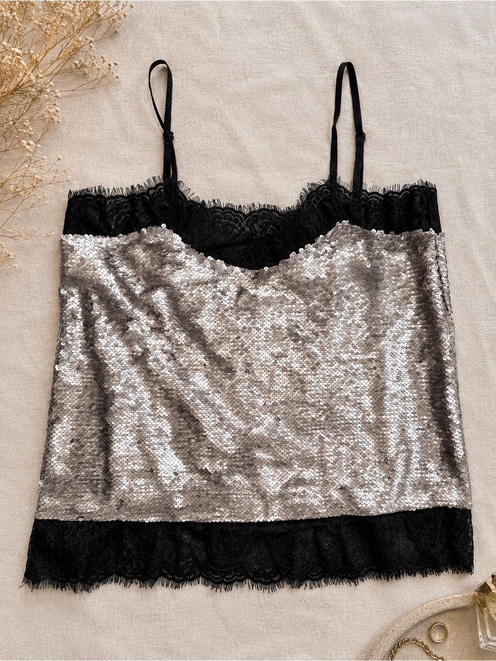 GUESS Y2K Silver Sequin Black Lace Cami Top S Indie Sleaze Party Going Out